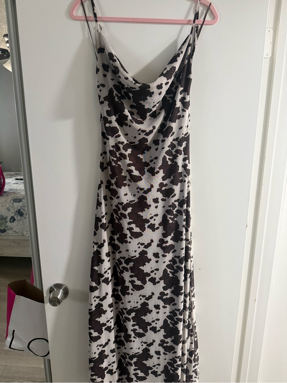 Cow-Print Cowl Maxi Slip Dress in Black and White